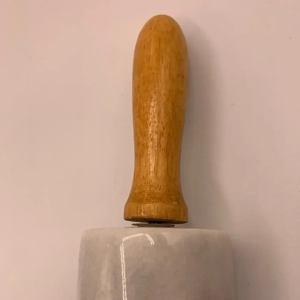 Vintage White & Grey Marble Rolling Pin Wooden Handles Heavy Pastry Baking Tool